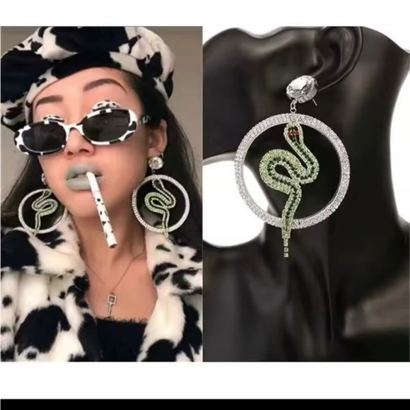 These are glamorous snake-themed hoop earrings with rhinestones. - Picture 1 of 3